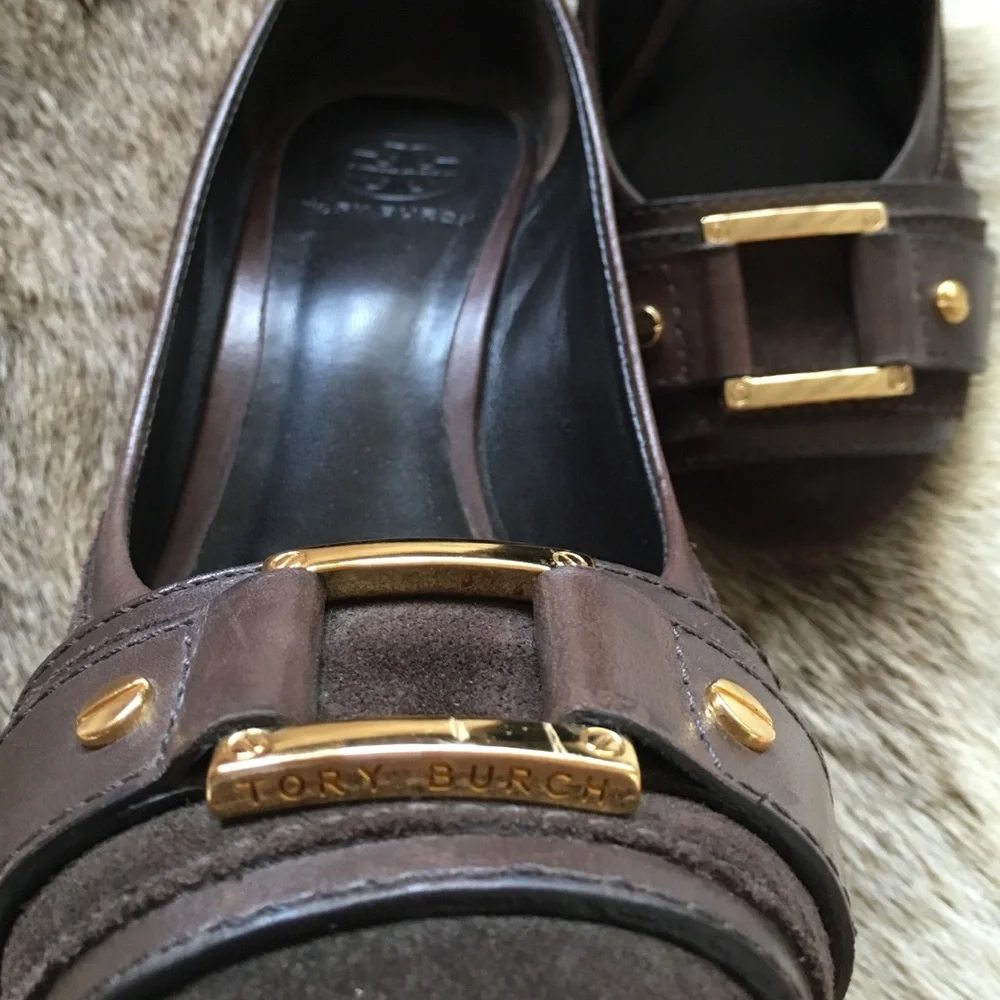 Tory Burch Brown Leather Peep-Toe Heels with Gold Hardware
